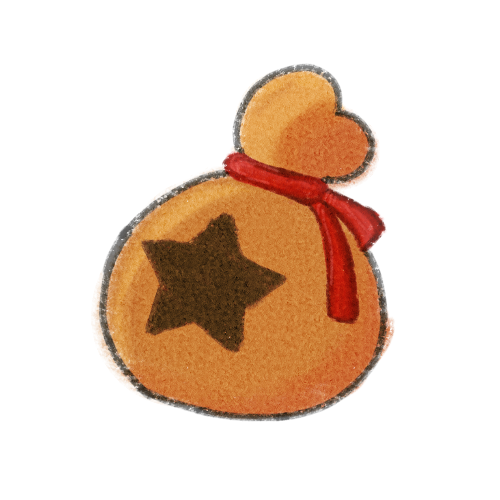 a rounded bag with a star on the front, it has a red ribbon tying it shut, styled from animal crossing.